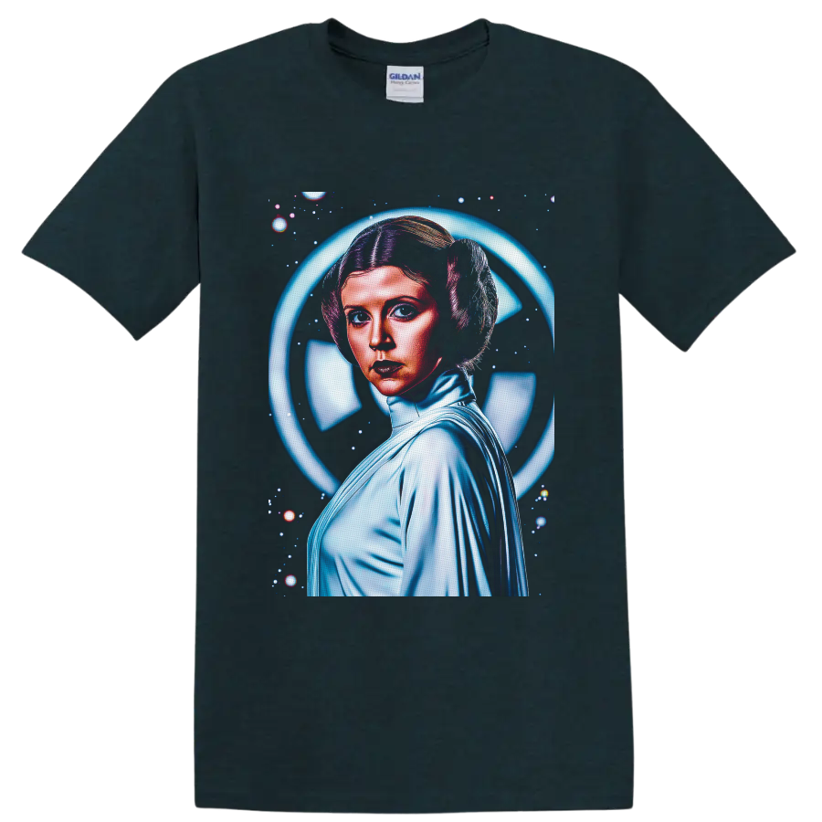 Princess Leia retro space portrait with glowing blue halo and starfield on a Midnight (Green) T Shirt