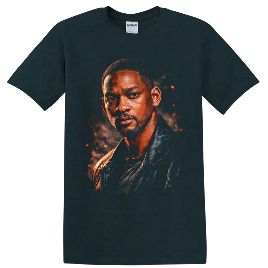 Will Smith cinematic portrait graphic with smoke and glowing ember accents on a Midnight (Green) T Shirt