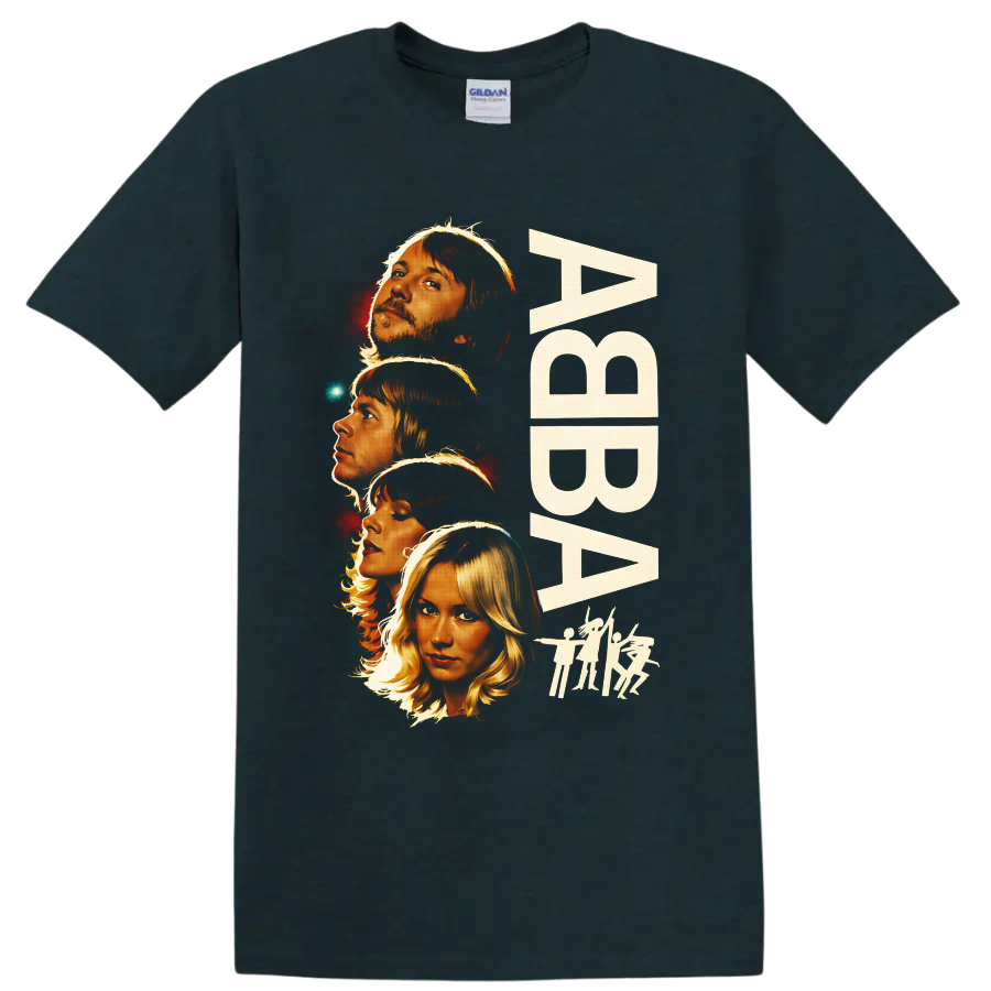 ABBA four-member retro portrait graphic with tall lettering and dancing silhouettes on a Midnight (Green) T Shirt