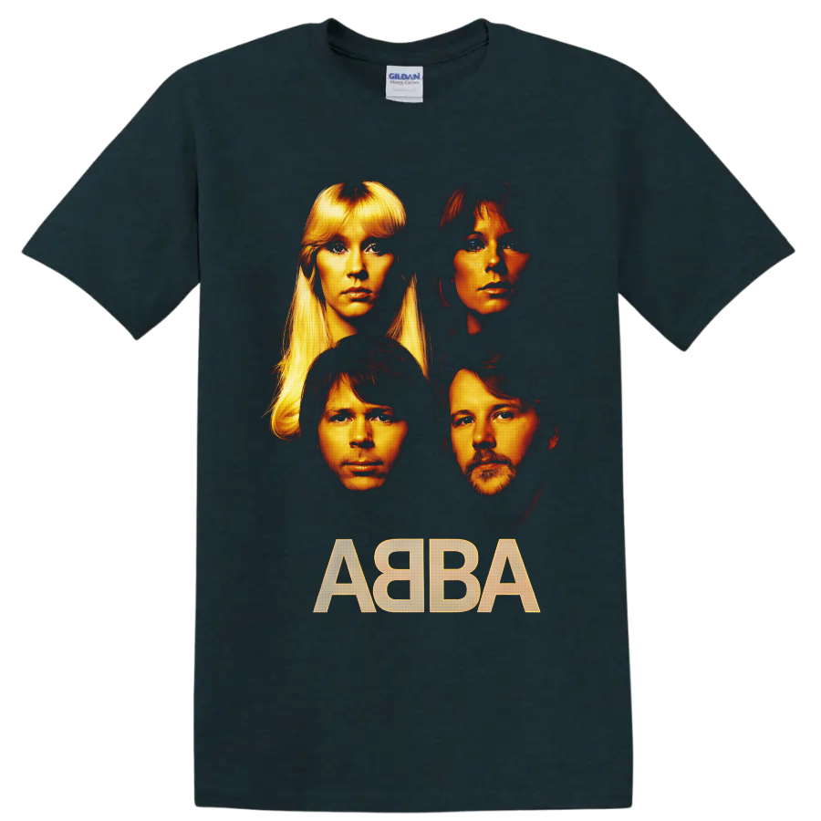 ABBA four-member portraits in dramatic gold and orange with bold ABBA lettering on a Midnight (Green) T Shirt