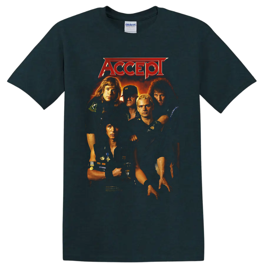 Accept five-member band portrait with red logo and fiery vintage metal poster artwork on a Midnight (Green) T Shirt