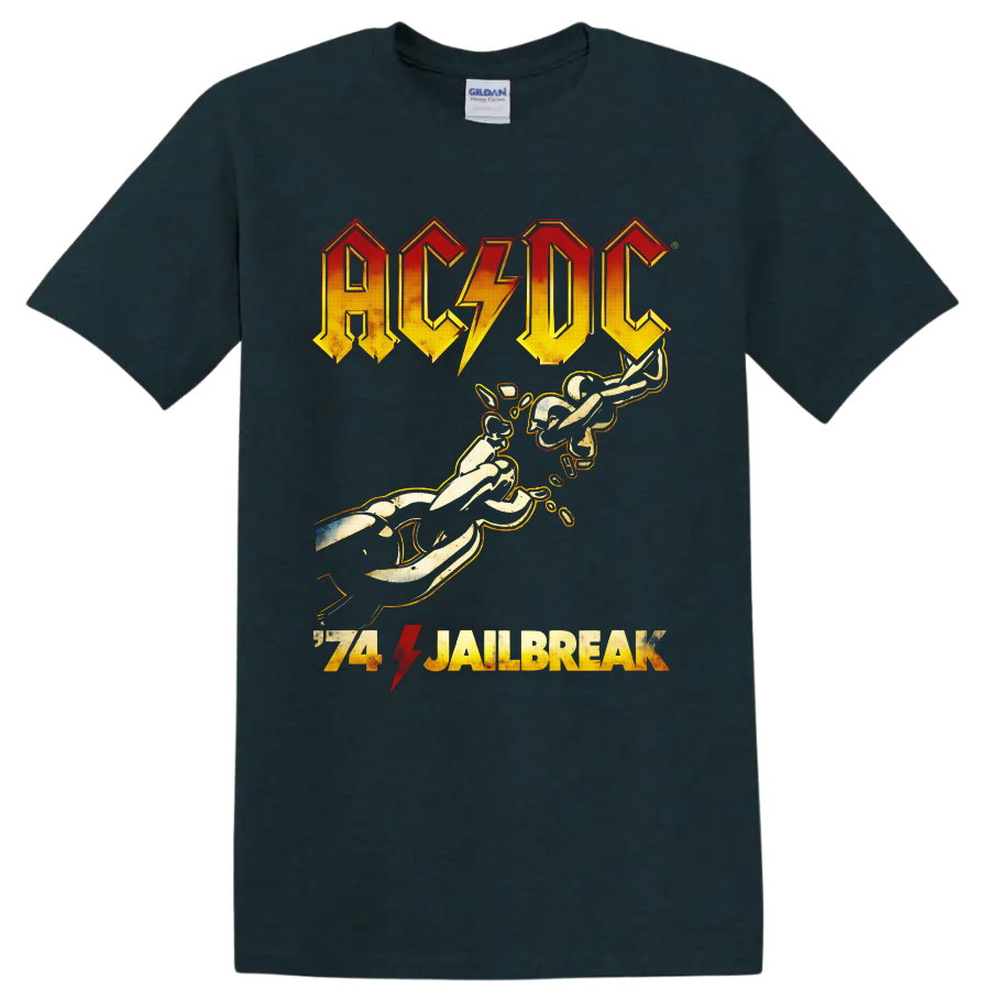 Distressed AC/DC 74 Jailbreak logo with lightning bolt and guitar-playing figures on a Midnight (Green) T Shirt