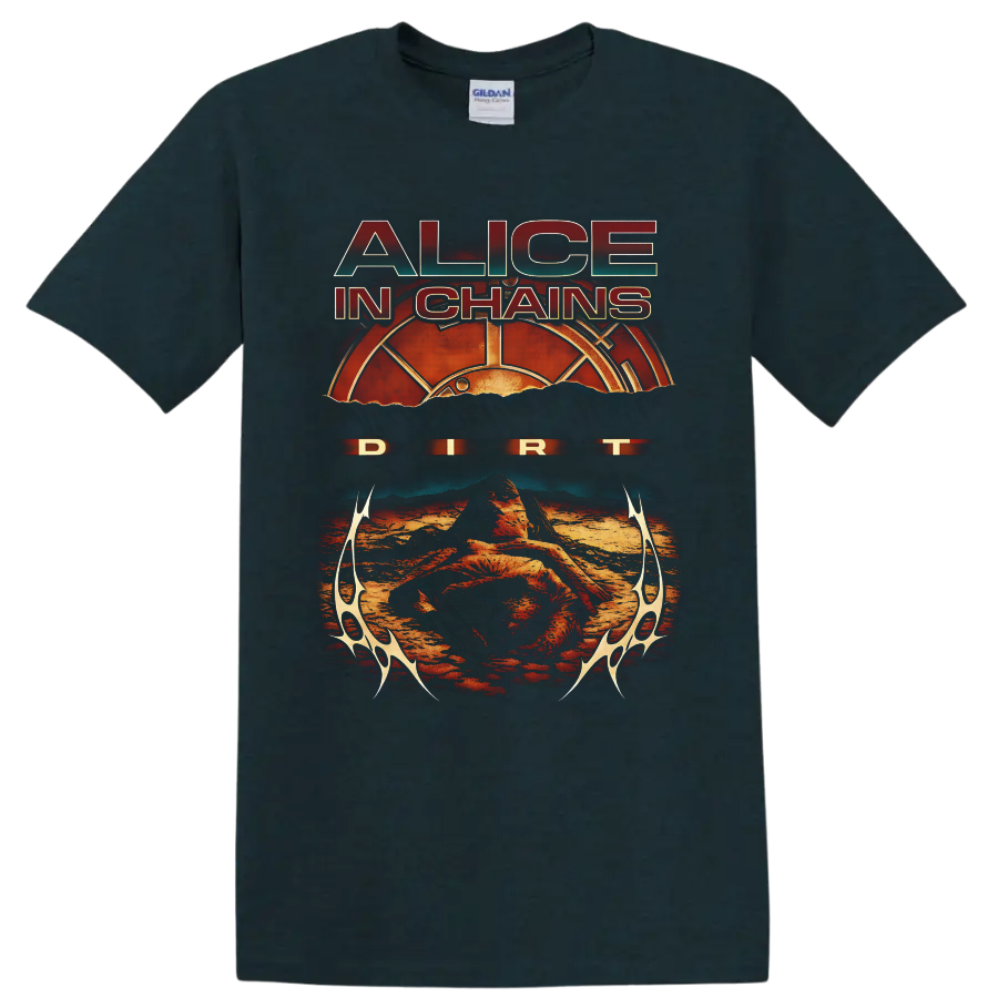 Alice in Chains Dirt album art with distressed text, sunburst, and desert landscape on a Midnight (Green) T Shirt