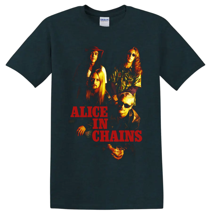 Alice in Chains grunge band portrait with warm lighting and distressed red lettering on a Midnight (Green) T Shirt