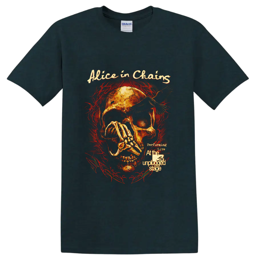 Alice in Chains MTV Unplugged skull, raven, skeletal hand, and red thorn artwork on a Midnight (Green) T Shirt