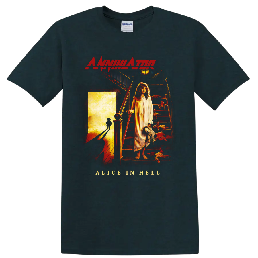 Annihilator Alice in Hell cover art with a girl, staircase, rag dolls, and glowing doorway on a Midnight (Green) T Shirt