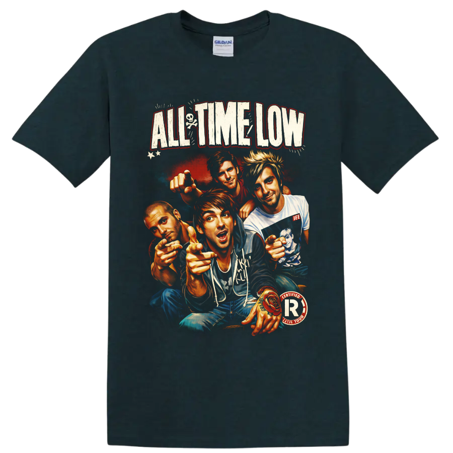 All Time Low four-member illustrated portrait with distressed lettering and punk rock on a Midnight (Green) T Shirt