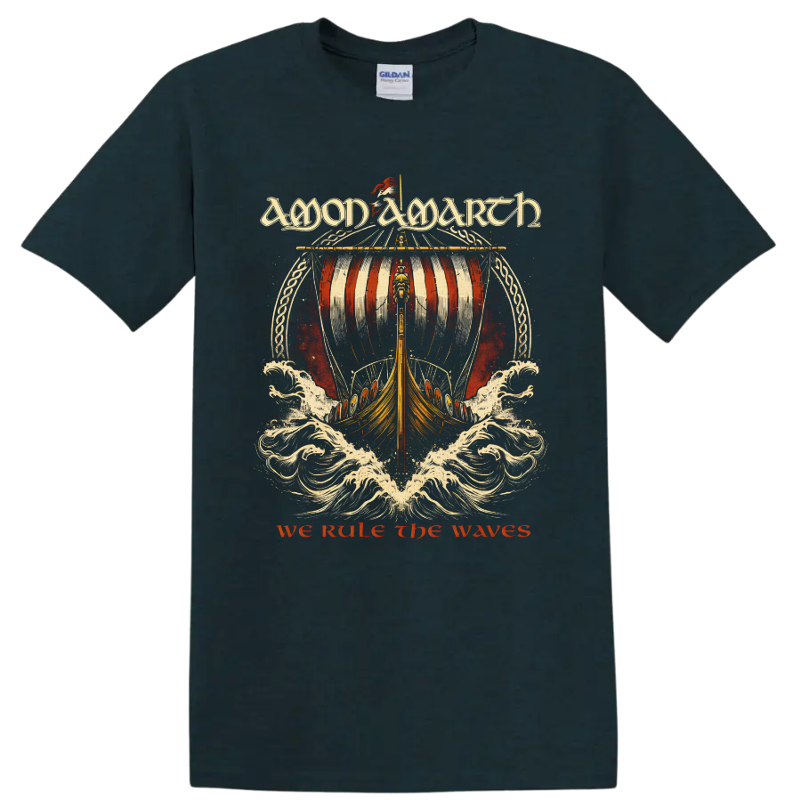 Amon Amarth We Rule the Waves Viking longship and crashing surf metal artwork on a Midnight (Green) T Shirt