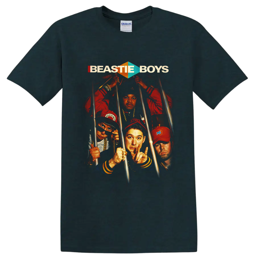 Beastie Boys retro portrait collage behind metal bars with bold logo text on a Midnight (Green) T Shirt