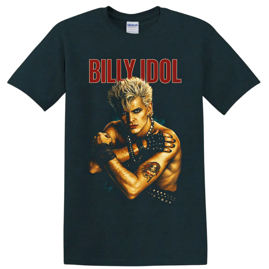 Billy Idol Whiplash Smile punk rock portrait with spiky hair and red BILLY IDOL text on a Midnight (Green) T Shirt