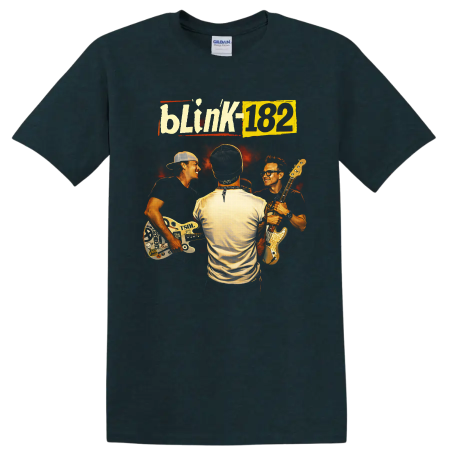 Blink-182 retro concert portrait of three musicians with guitars and fiery backdrop on a Midnight (Green) T Shirt