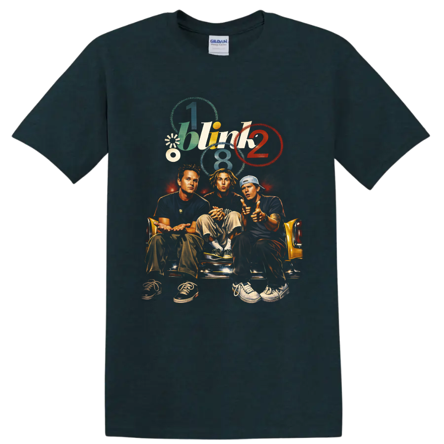 Blink 182 illustrated band portrait on yellow couch with colorful retro number graphics on a Midnight (Green) T Shirt