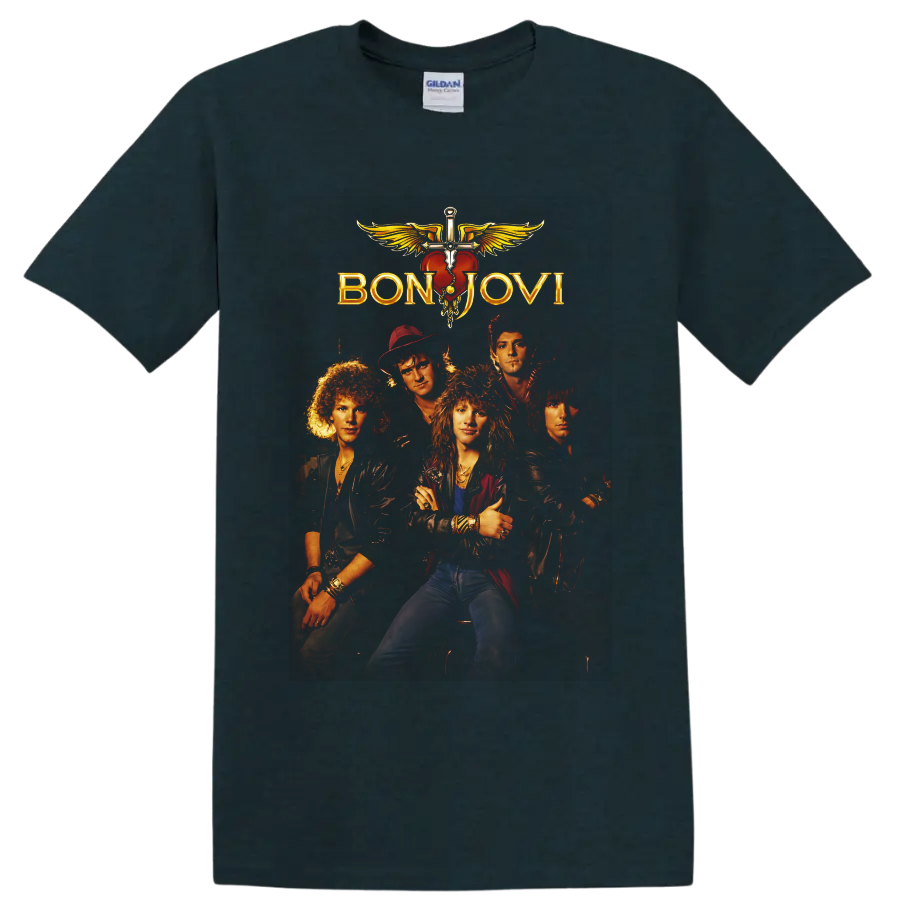 Bon Jovi five-member rock band portrait with gold logo and winged heart dagger emblem on a Midnight (Green) T Shirt