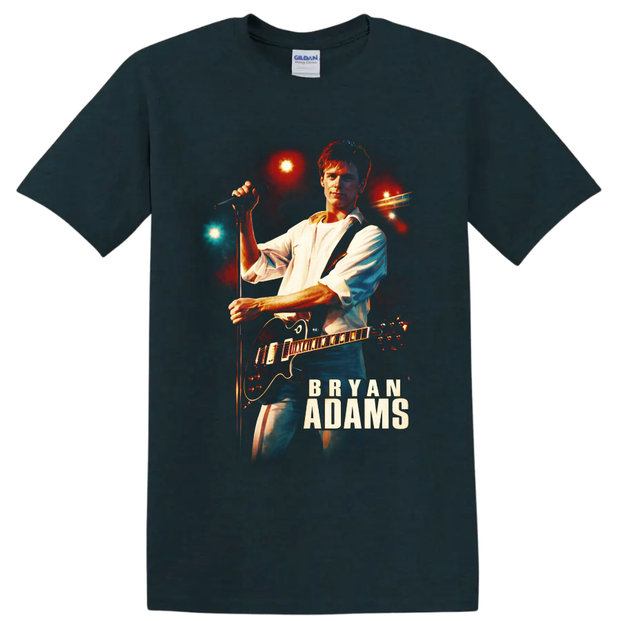Bryan Adams guitarist at microphone with electric guitar and glowing concert lights on a Midnight (Green) T Shirt