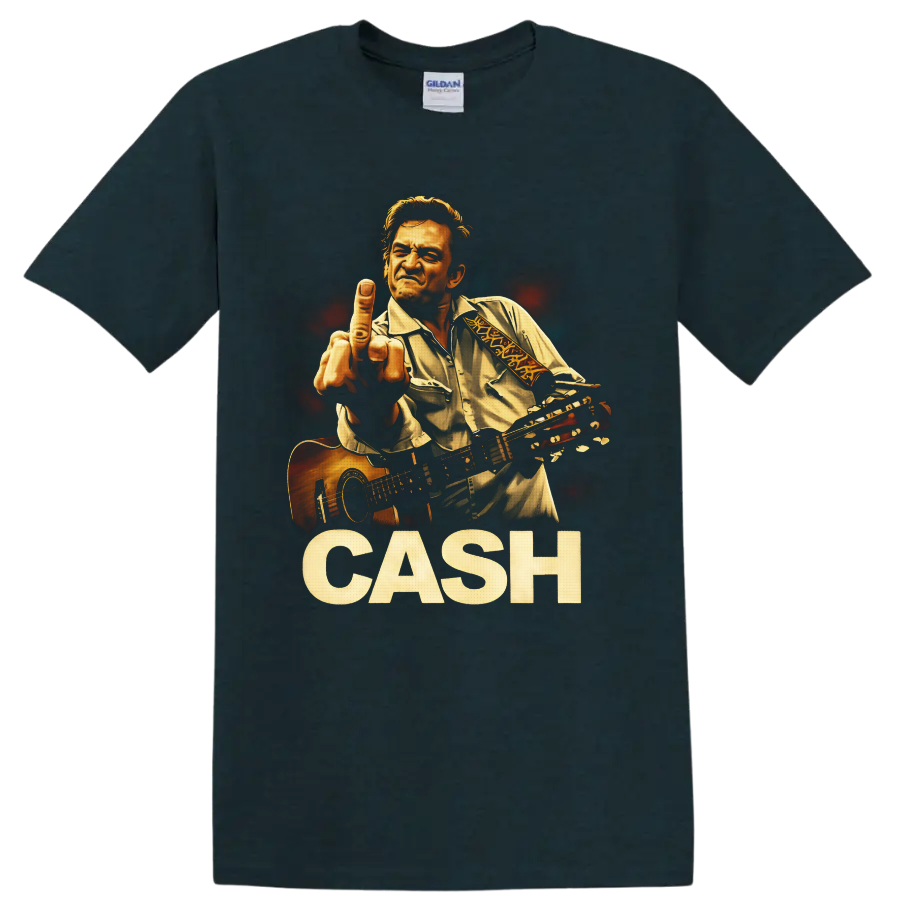 Johnny Cash illustrated guitar portrait with raised hand and distressed CASH lettering on a Midnight (Green) T Shirt