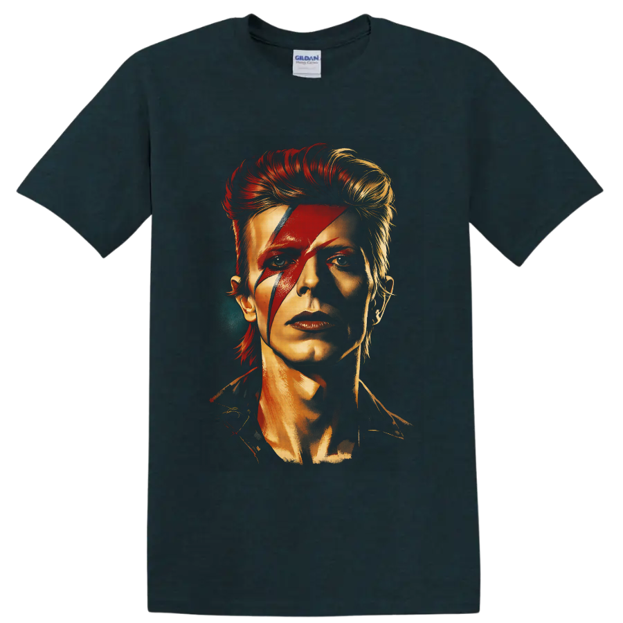 David Bowie Aladdin Sane portrait with red lightning bolt and glam rock styling on a Midnight (Green) T Shirt