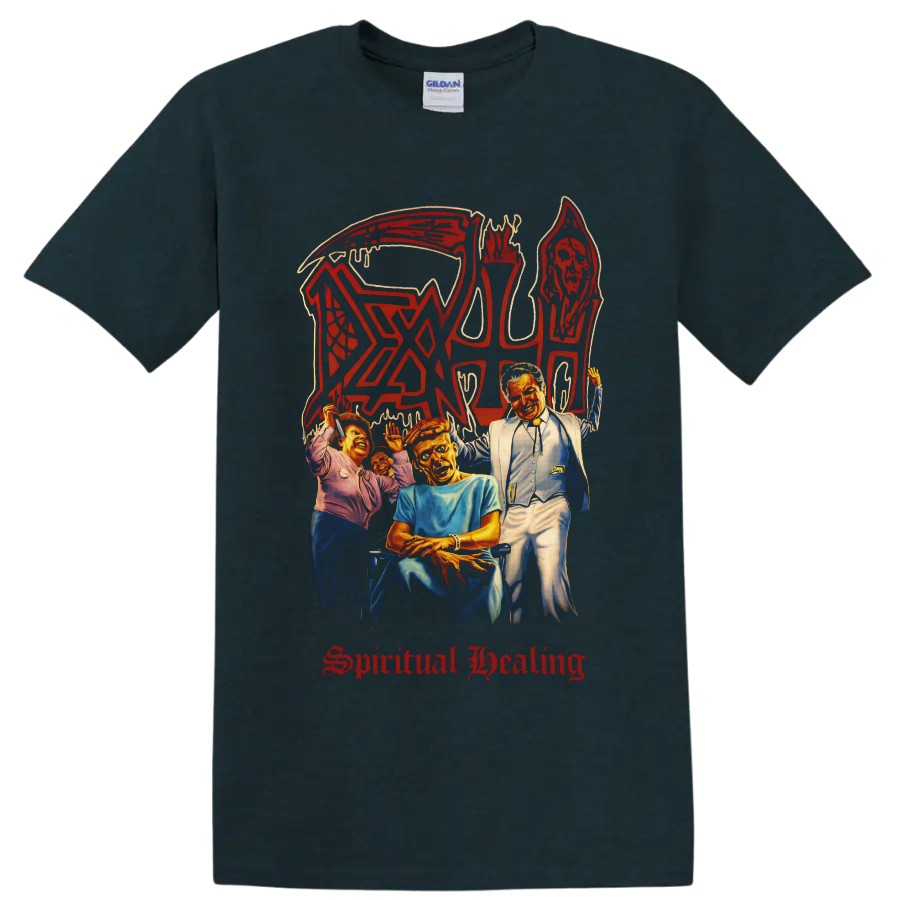 Death Spiritual Healing album art with hooded skull, figures, red logo and gothic text on a Midnight (Green) T Shirt