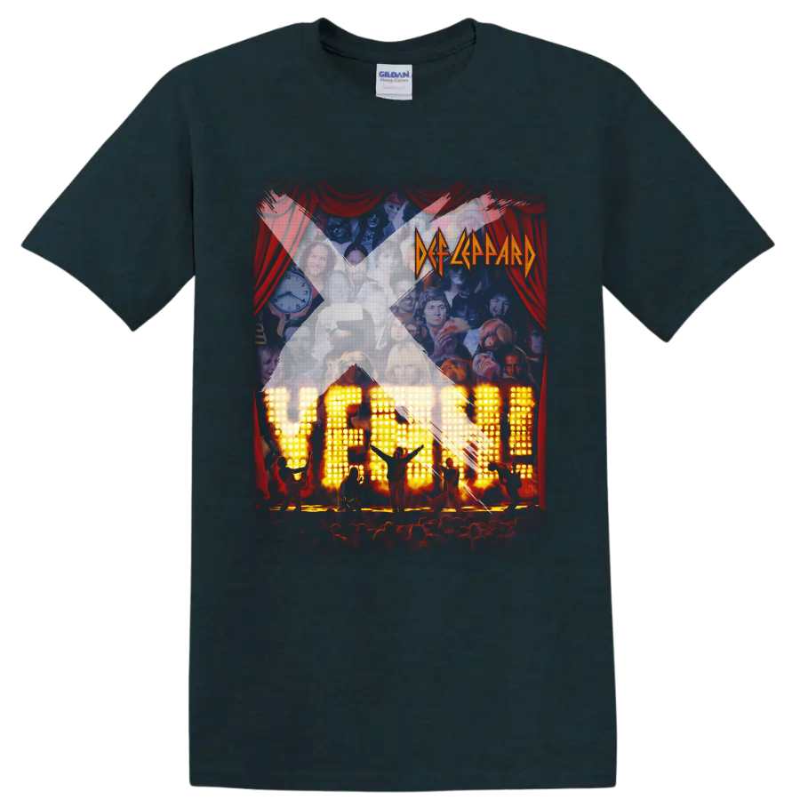 Def Leppard Yeah! album-style concert collage with red curtains and glowing stage on a Midnight (Green) T Shirt