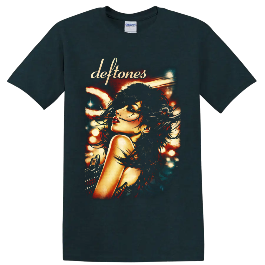 Deftones gothic woman portrait with windswept hair and glowing concert-poster lights on a Midnight (Green) T Shirt