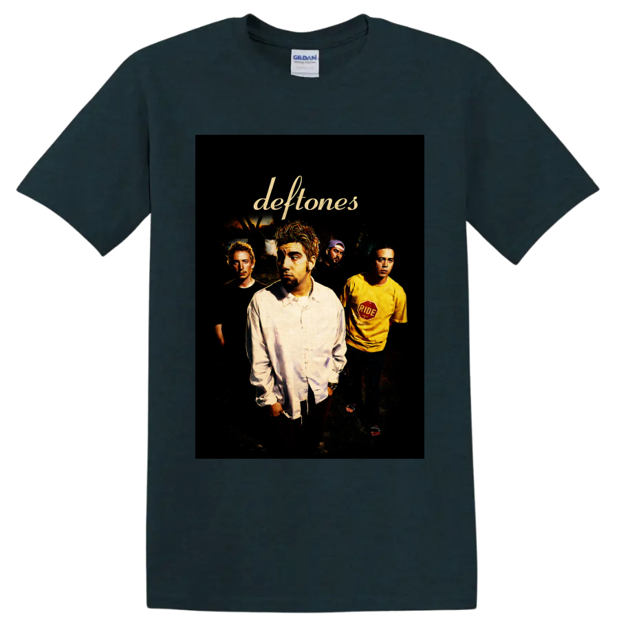Deftones band portrait with Chino Moreno and gold script logo on a Midnight (Green) T Shirt