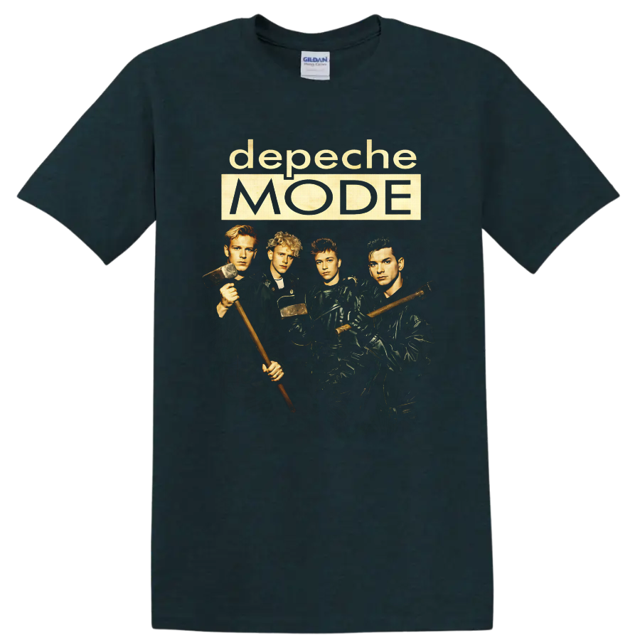Depeche Mode Construction Time Again band portrait with hammers and cream logo text on a Midnight (Green) T Shirt