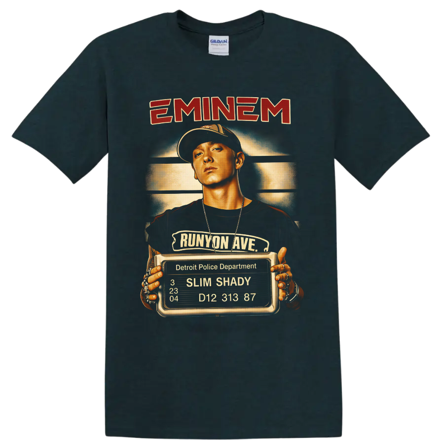 Eminem Slim Shady portrait with Runyon Ave sign and Detroit booking board on a Midnight (Green) T Shirt