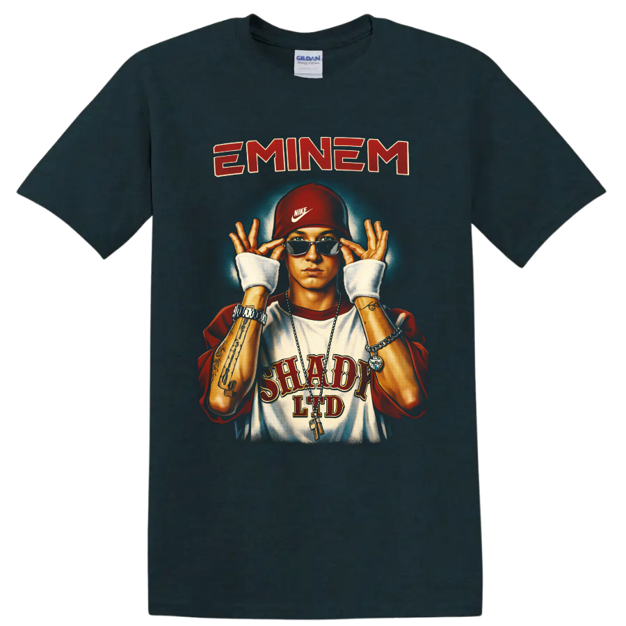Eminem portrait illustration with sunglasses, red cap, chains, and retro lettering on a Midnight (Green) T Shirt
