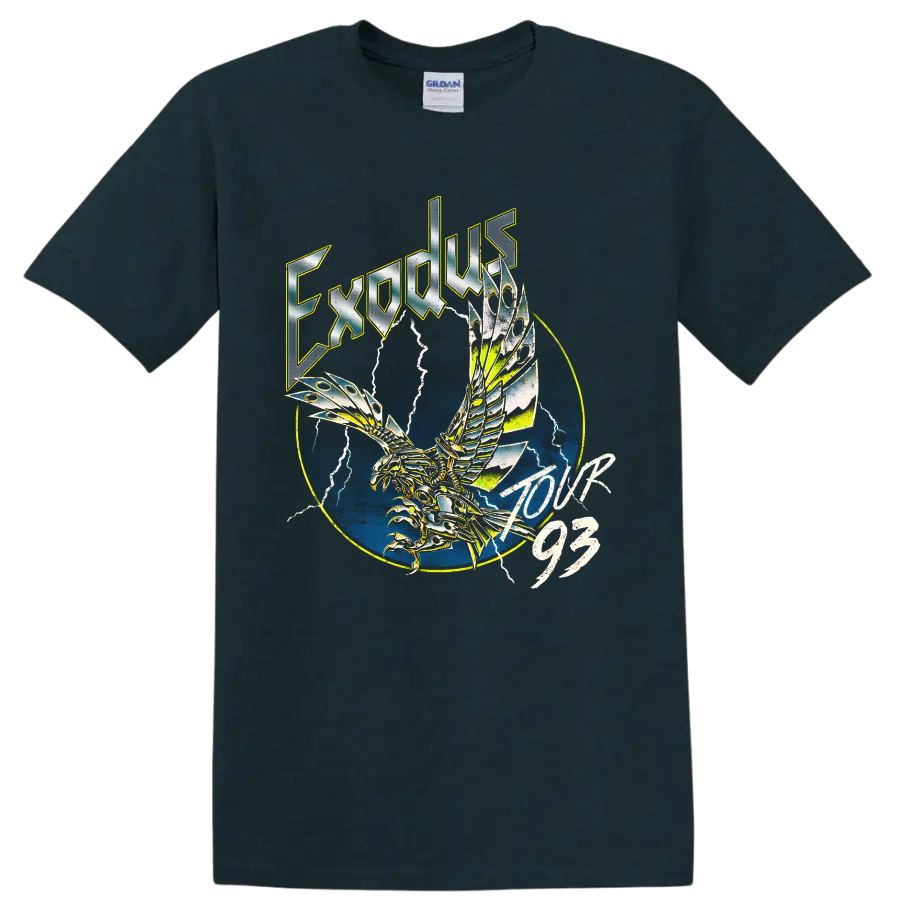 Exodus Tour 93 mechanical eagle with lightning and blue circular metal artwork on a Midnight (Green) T Shirt