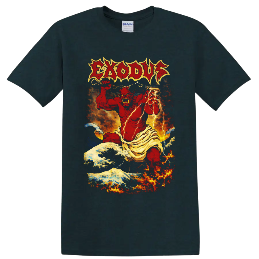 Exodus red demon with sword, lightning, ocean waves, fire, and distressed logo on a Midnight (Green) T Shirt