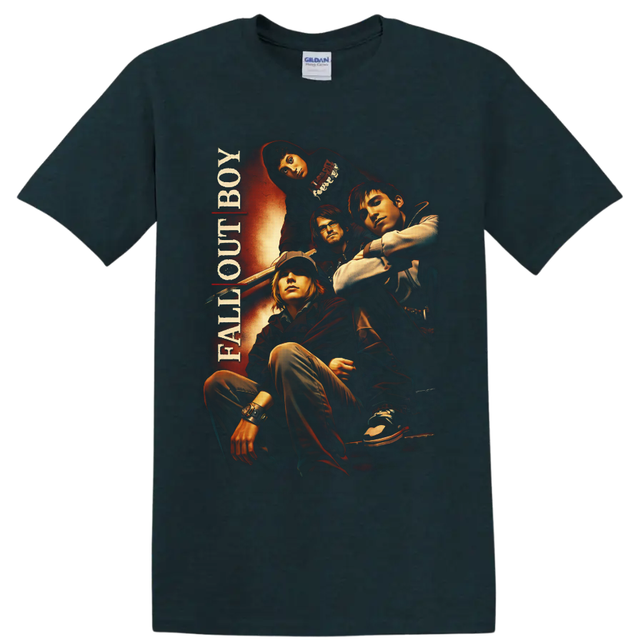 Fall Out Boy four-member portrait in fiery retro rock poster style with vertical band text on a Midnight (Green) T Shirt