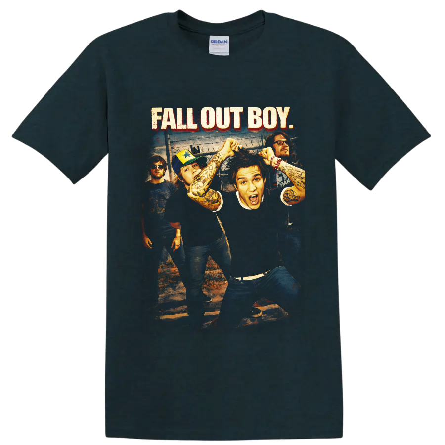 Fall Out Boy band photo with distressed red-shadowed lettering and punk rock styling on a Midnight (Green) T Shirt