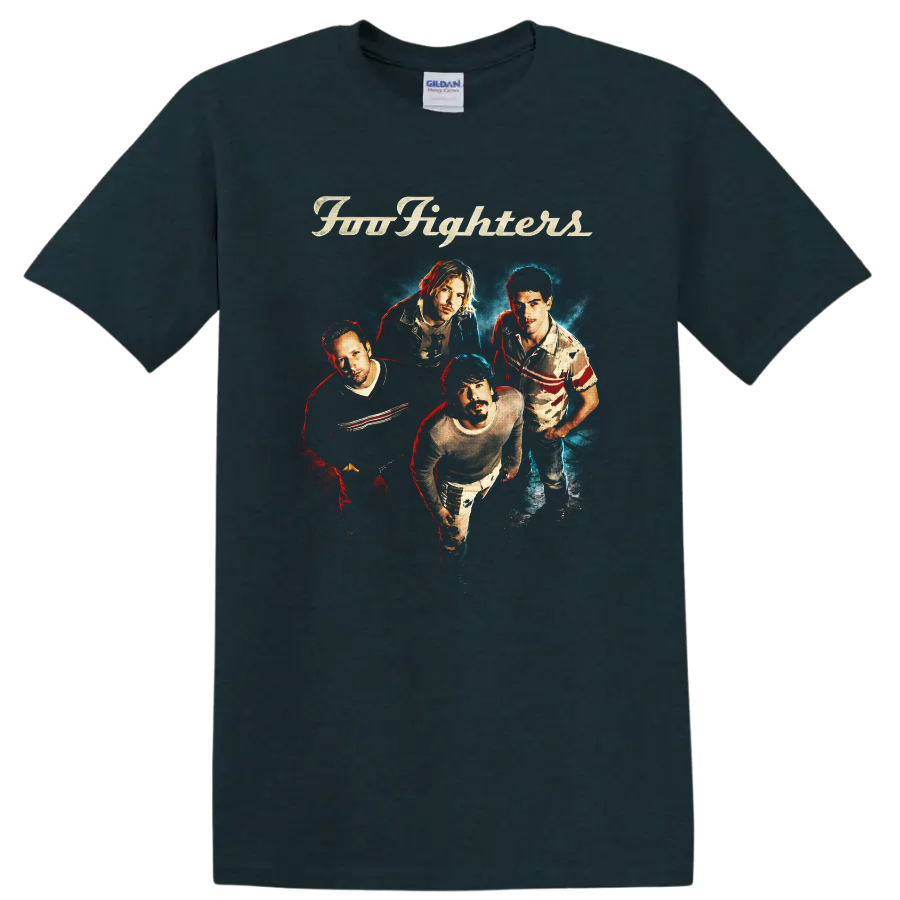 Foo Fighters four-member portrait with cream script and red-blue concert lighting on a Midnight (Green) T Shirt