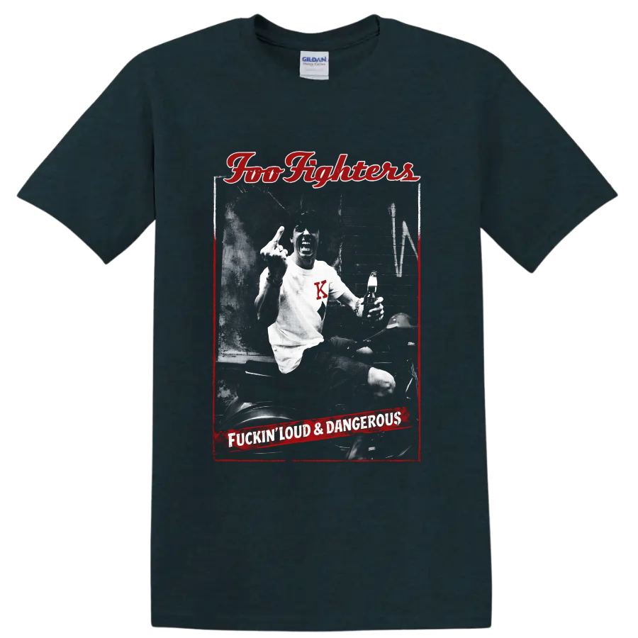 Dave Grohl scooter rider in distressed Foo Fighters red and black rock poster art on a Midnight (Green) T Shirt