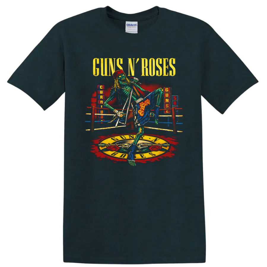 Guns N' Roses skeleton singer in a boxing ring with roses and crossed pistols on a Midnight (Green) T Shirt