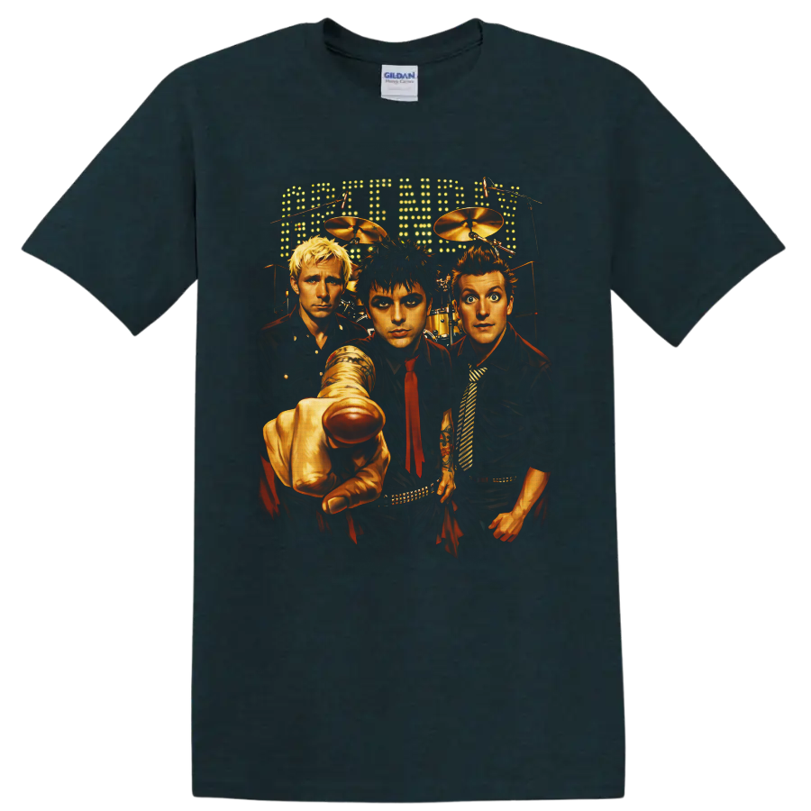 Green Day trio stage portrait with drums, microphones, and glowing marquee lights on a Midnight (Green) T Shirt