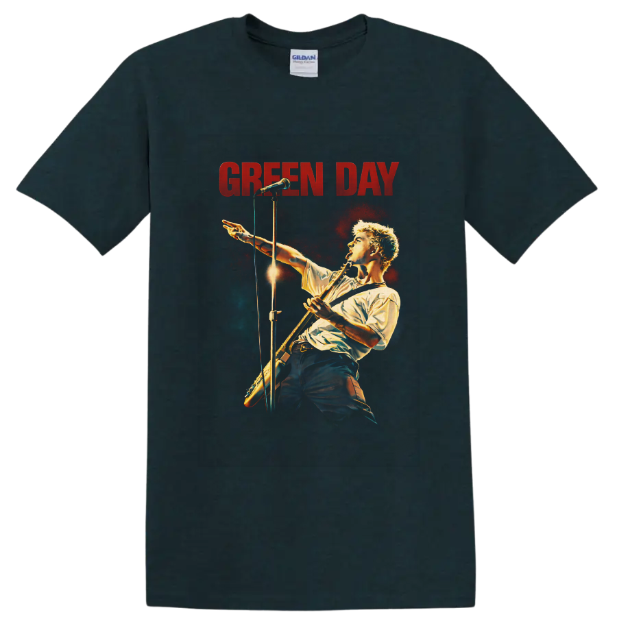 Billie Joe Armstrong concert illustration with guitar, microphone, and GREEN DAY text on a Midnight (Green) T Shirt