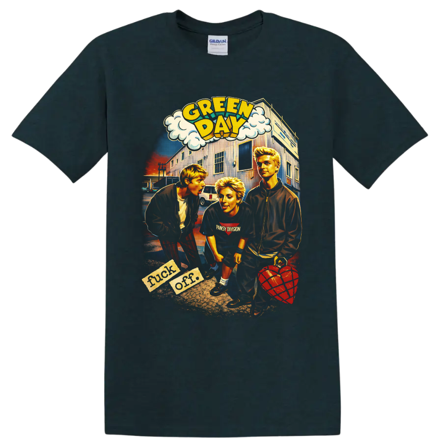 Green Day American Idiot comic street scene with three figures and heart grenade on a Midnight (Green) T Shirt