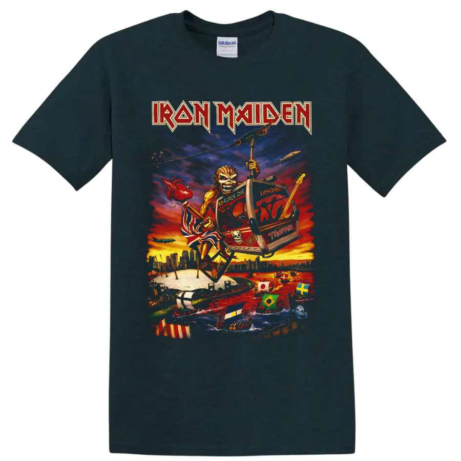 Iron Maiden Eddie airship illustration over London with guitar, longships, and sunset on a Midnight (Green) T Shirt