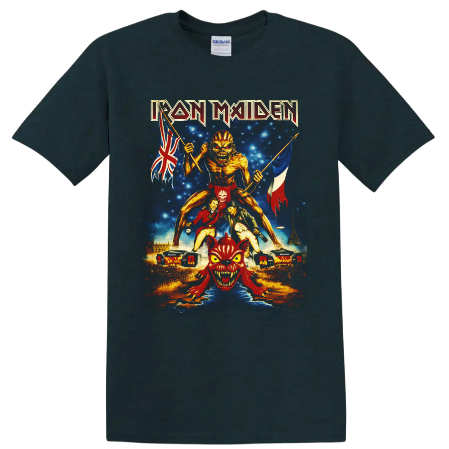 Iron Maiden Eddie Book of Souls tour art with British and French flags and Paris skyline on a Midnight (Green) T Shirt