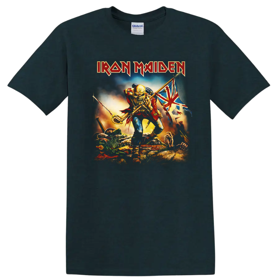 Iron Maiden The Trooper Eddie skeletal soldier with saber and tattered battle flag on a Midnight (Green) T Shirt