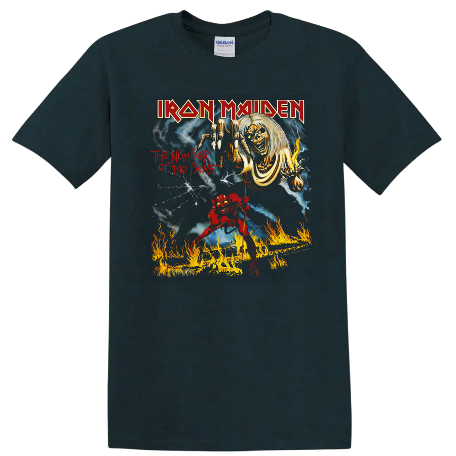 Iron Maiden The Number of the Beast Eddie horror art with lightning and flames on a Midnight (Green) T Shirt
