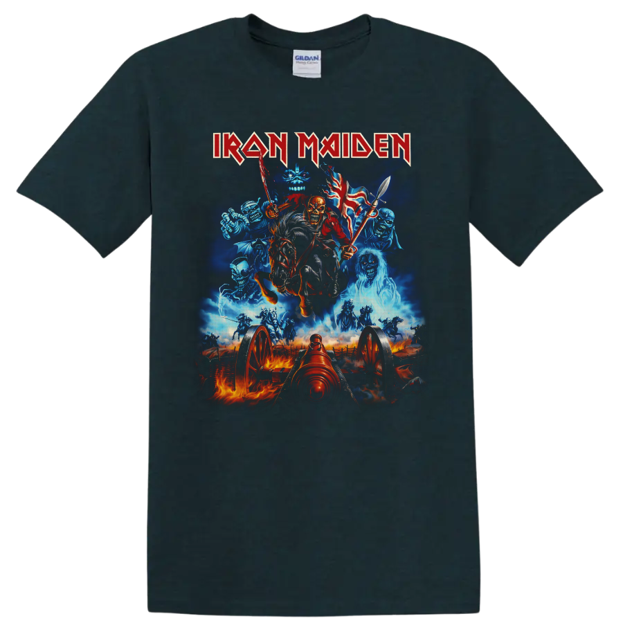 Iron Maiden Eddie skeletal cavalry rider with cannon and ghostly battlefield artwork on a Midnight (Green) T Shirt