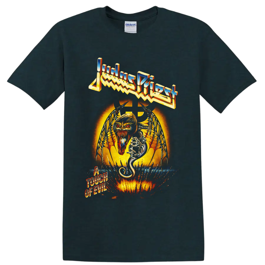 Judas Priest A Touch of Evil demon and snake heavy metal artwork on a Midnight (Green) T Shirt