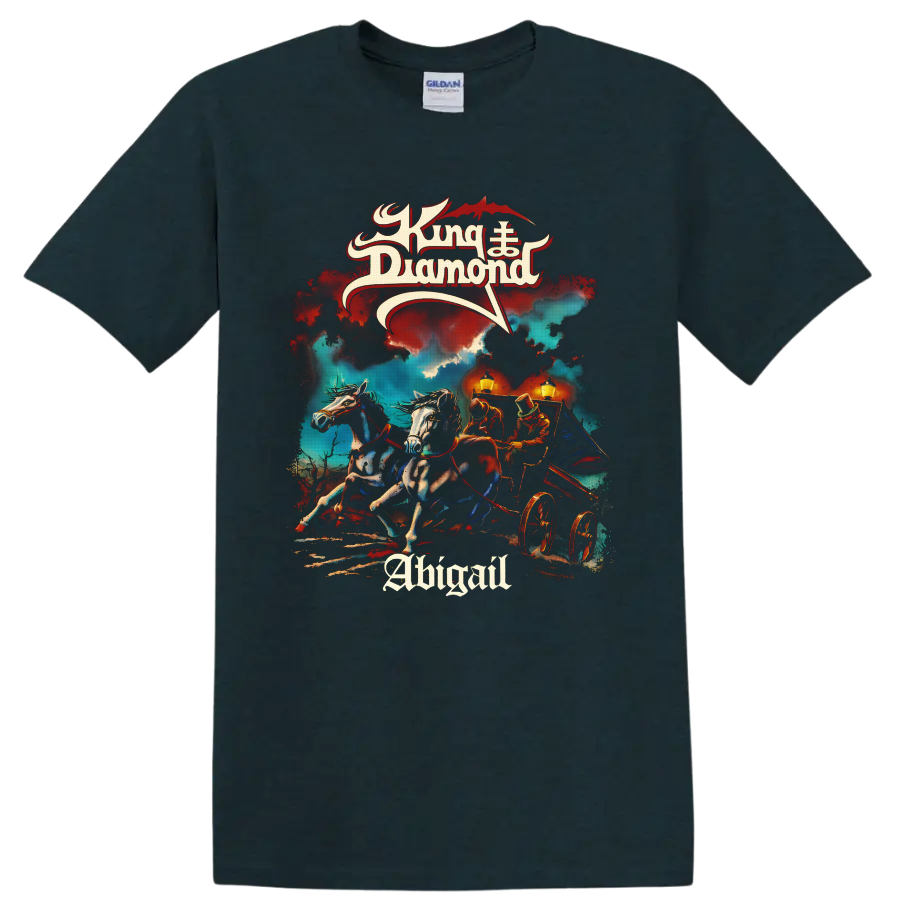 King Diamond Abigail gothic horse-drawn carriage artwork with storm clouds and lanterns on a Midnight (Green) T Shirt