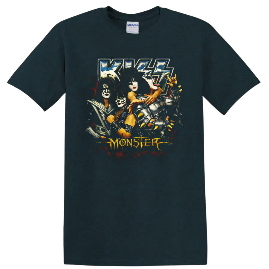 KISS Monster album artwork with four face-painted performers and fiery red smoke on a Midnight (Green) T Shirt
