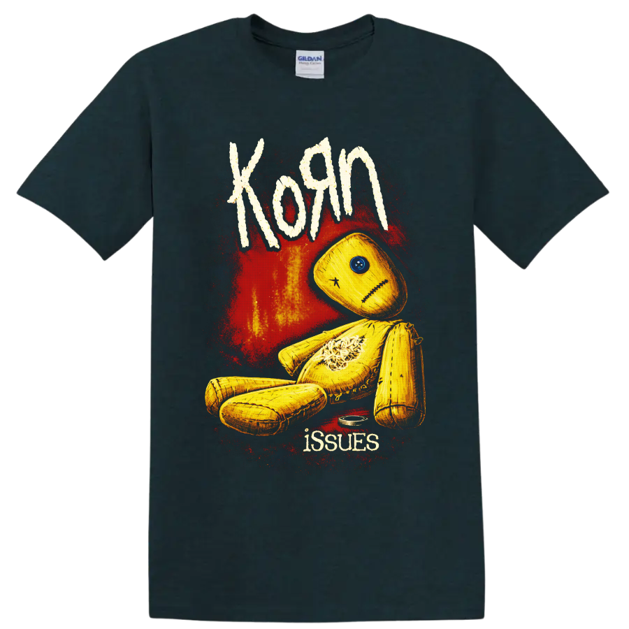 Korn Issues yellow stitched doll with blue button eye and red distressed artwork on a Midnight (Green) T Shirt