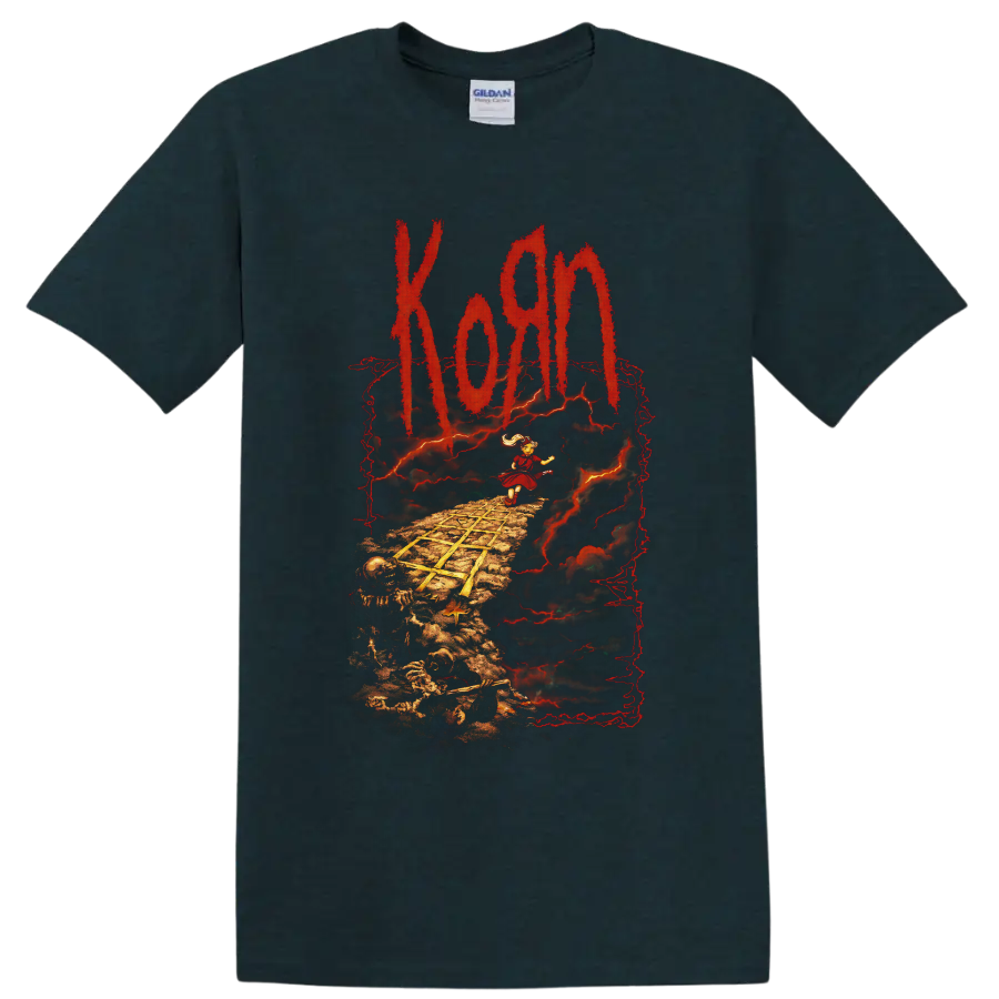 Korn Follow the Leader art with child, skeleton path, red lightning and distressed logo on a Midnight (Green) T Shirt