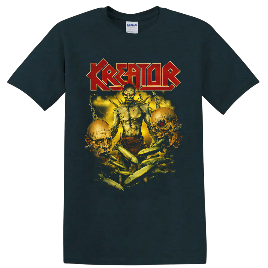 Kreator logo above undead warrior, skulls, chains, smoke, and bomb horror artwork on a Midnight (Green) T Shirt