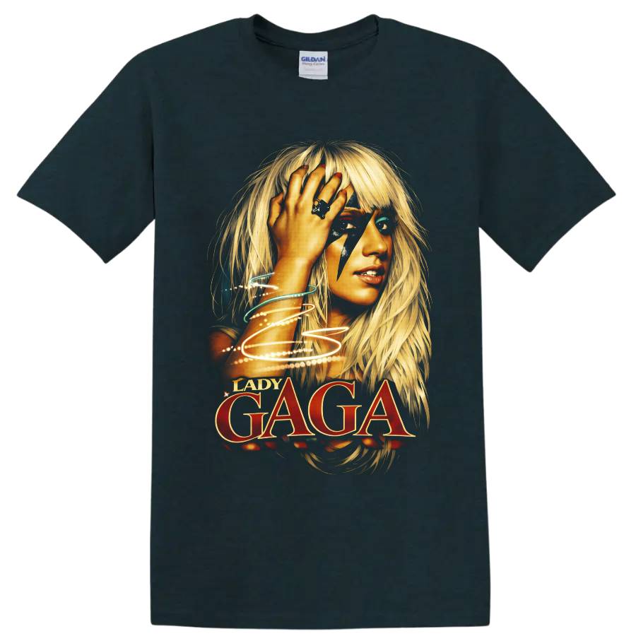 Lady Gaga portrait with lightning makeup, glowing light trails, and bold red lettering on a Midnight (Green) T Shirt