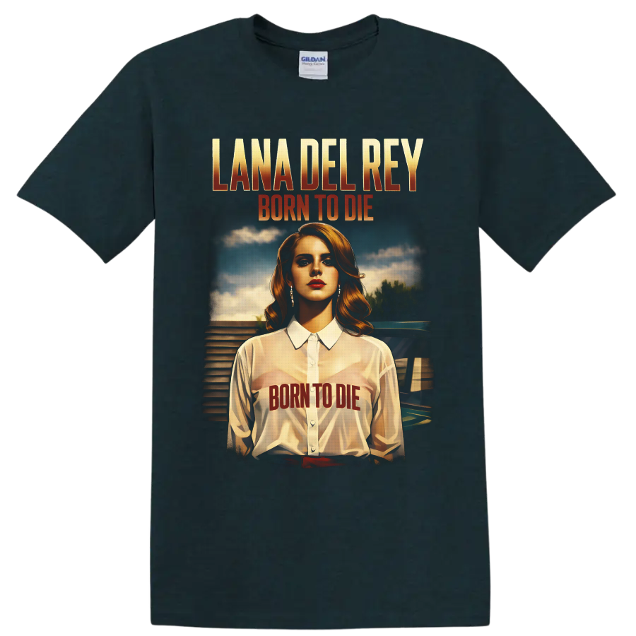 Lana Del Rey Born to Die retro portrait with distressed album lettering and vintage car on a Midnight (Green) T Shirt